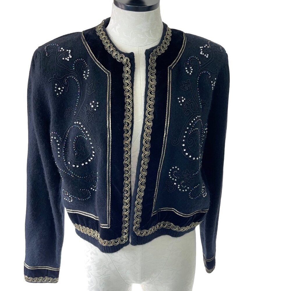 Magnolia Vintage Womens Jacket Sweater Size Large Black Cardigan Open Beaded